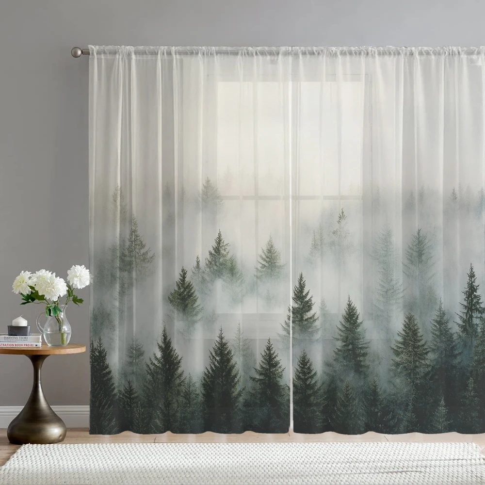 

2Pcs Deep Green Pine Tree Mist Forest Print Home Decoration Window Screens, Suitable For Coffee Shops, Restaurants, Bedrooms