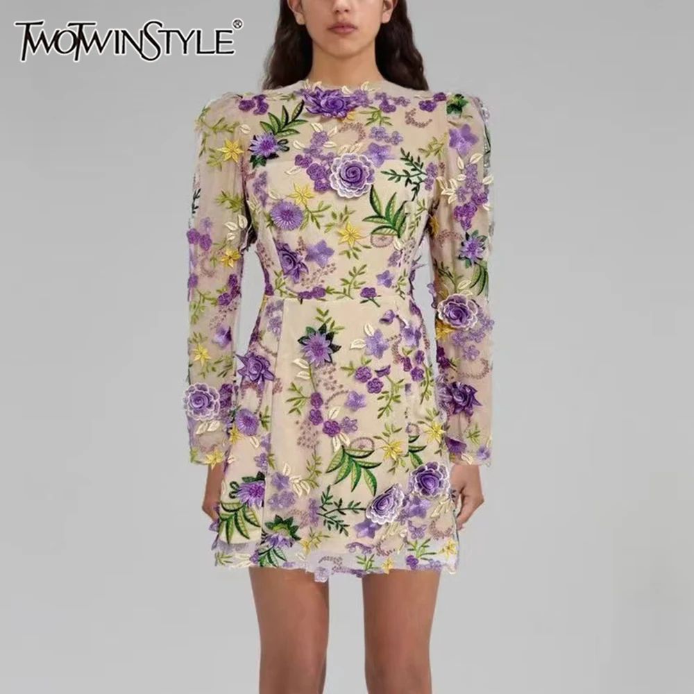 

TWOTWINSTYLE Colorblock Slimming Spliced Applique Mini Dresses for Women Round Neck Long Sleeves Temperament Dress Female New