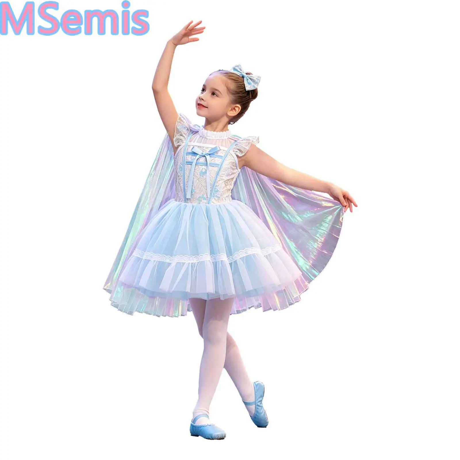 

Kids Girls Dance Ballet Tutu Princess Performance Outfits Fly Sleeves Bow Sequin Bodice Layered Tulle Dress with Cloak Headwear