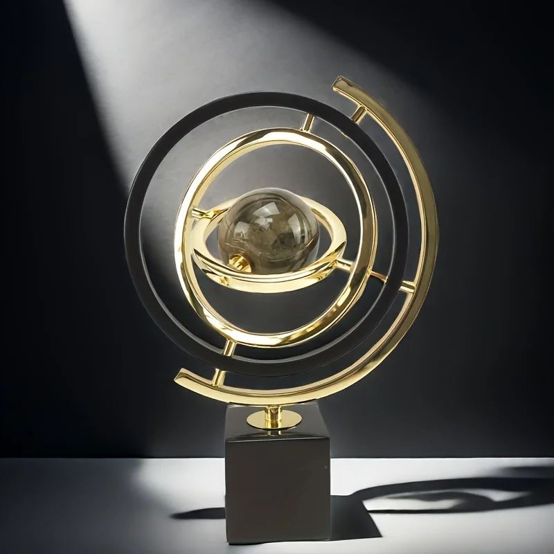 Modern Abstract Metal Globe Sculpture 1pc Black & Golden Art Decor with Rectangular Base for Home Office Living Room Study Shelf - Image 3