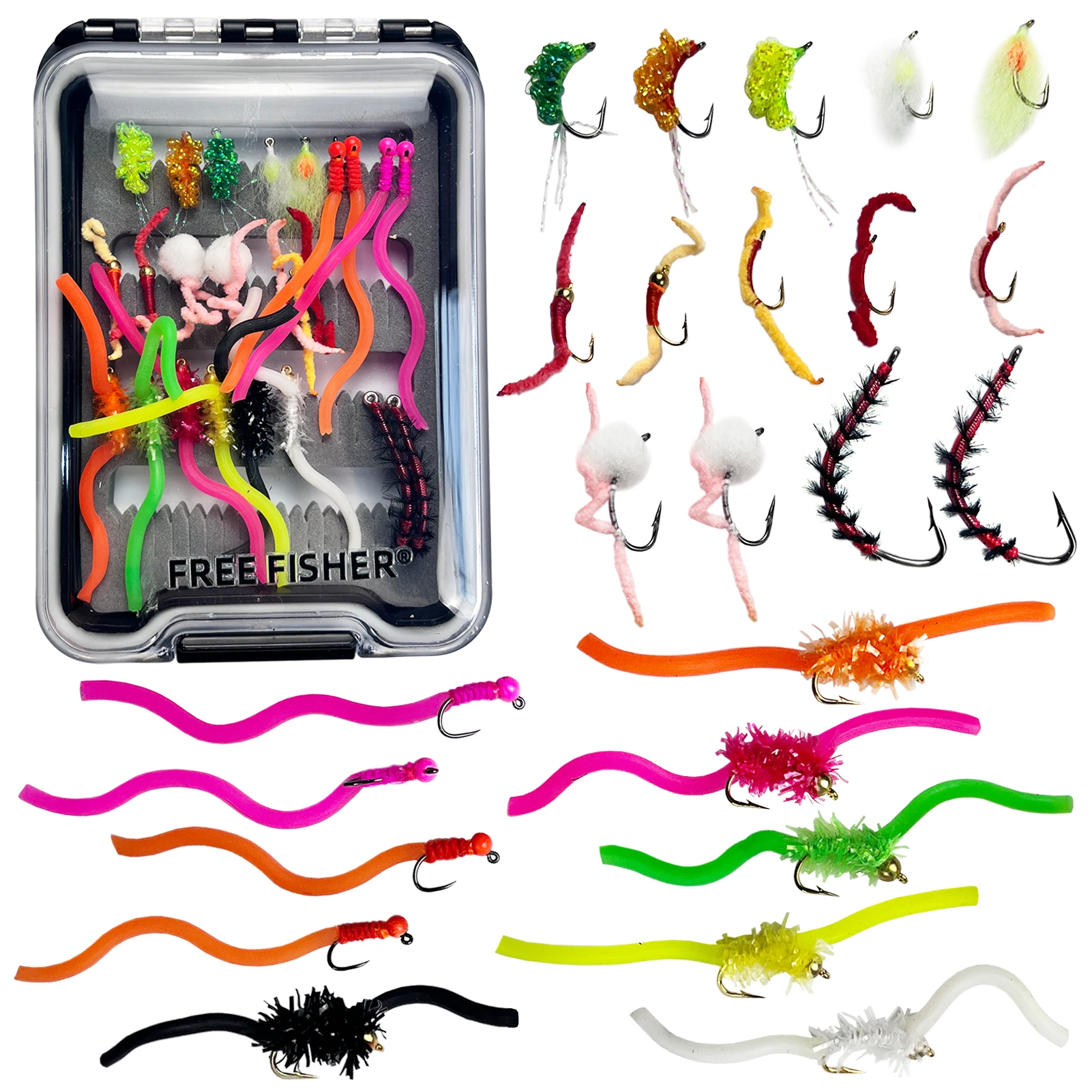 Fishing Flies Set with Fly Box Squirmy Worm Nymph Flies Hooks Feather Fly Fishing Baits Tungsten Head Sharp Fishhook Freshwater