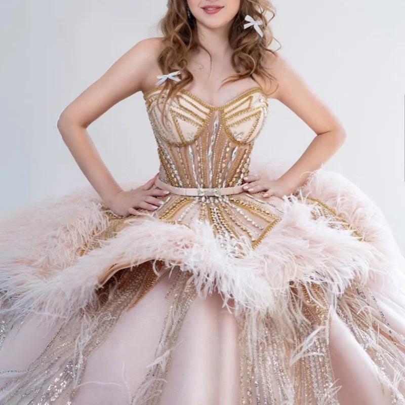 

Champagne Quinceanera Dress off-shoulder flower glitter feather decal Long tail vestidos de 15 Quinceanera ﻿Customize