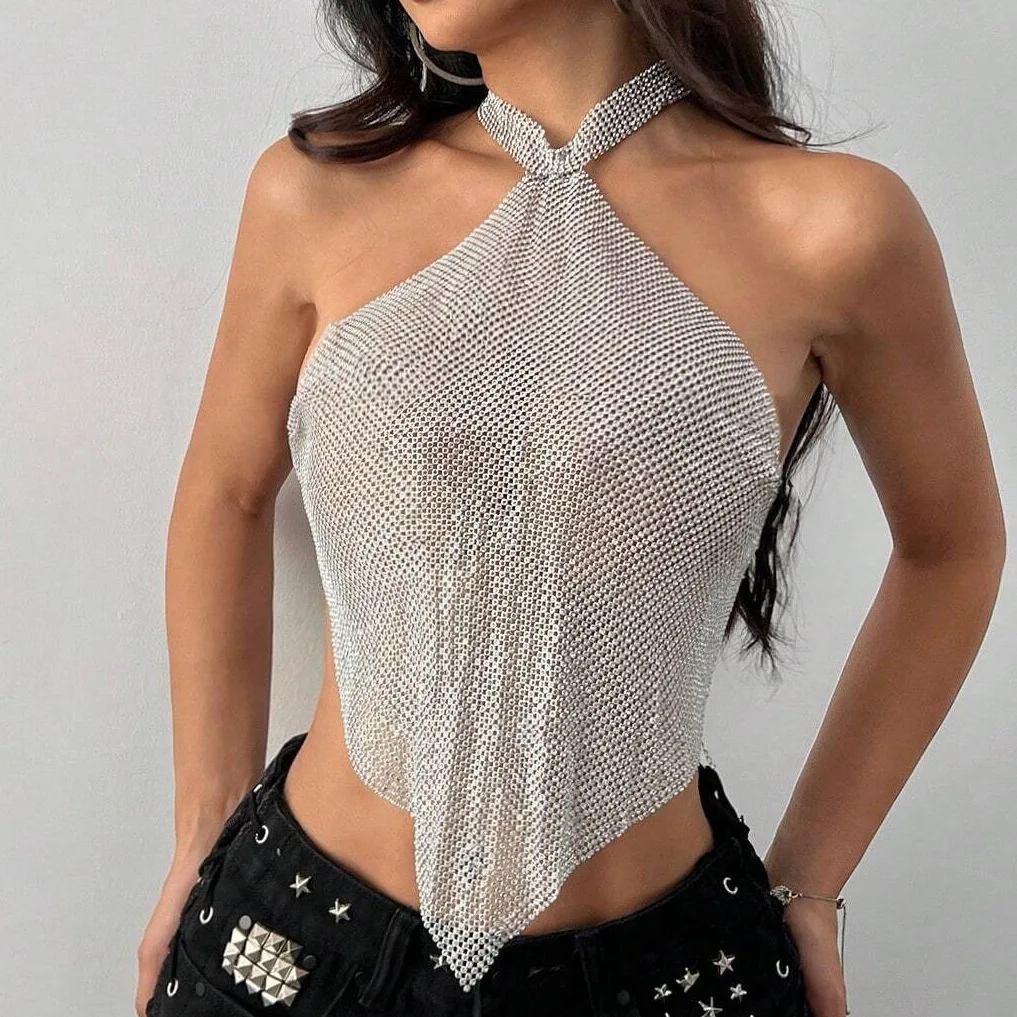 Women Dazzling Metallic Sequins Halter Neck Tank Top Sexy Backless Off The Shoulder Handmade Camisole Music Festival Streetwear