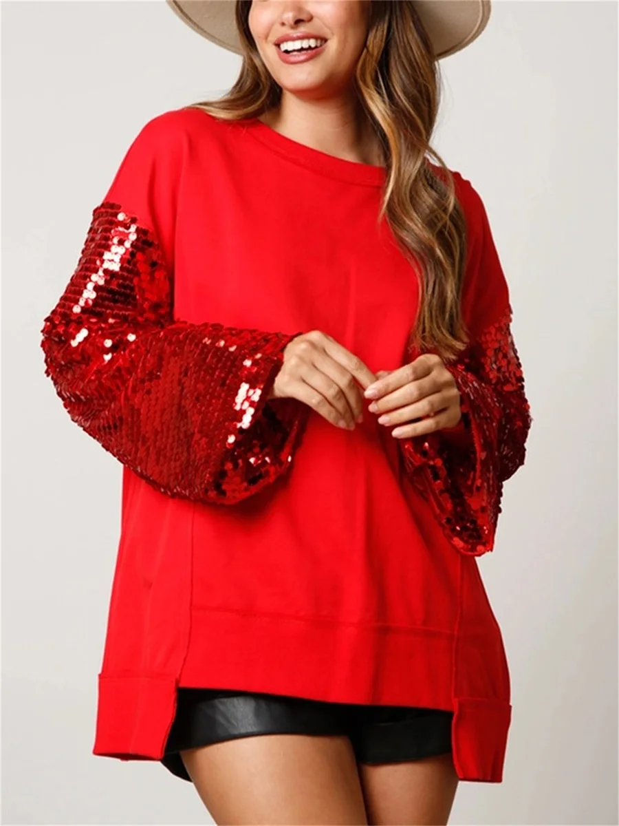 

2025 New Women's Christmas Clothes Fashion Sequin Patchwork Pullovers Top Woman Long Sleeve Loose Tshirt Sweatshirt