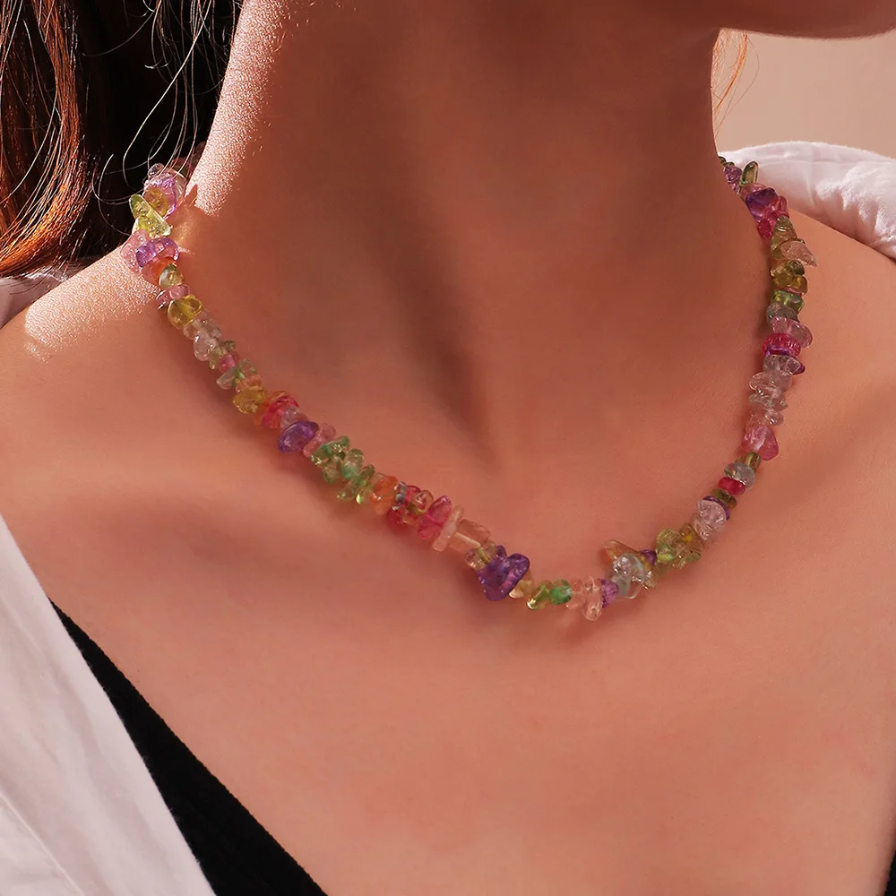 Bohemian Natural Stone Choker Necklace Fashion Colorful Handmade Beach Tranparent Gravels Collar Jewelry For Women