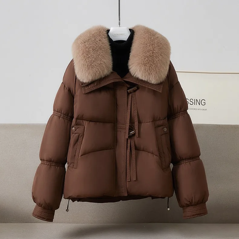 Women Short Parkas Coats Oversize Jacket Solid Big Fur Collar Toggle Zipper Long Sleeve Loose Thick Elegant Casual Winter 2025