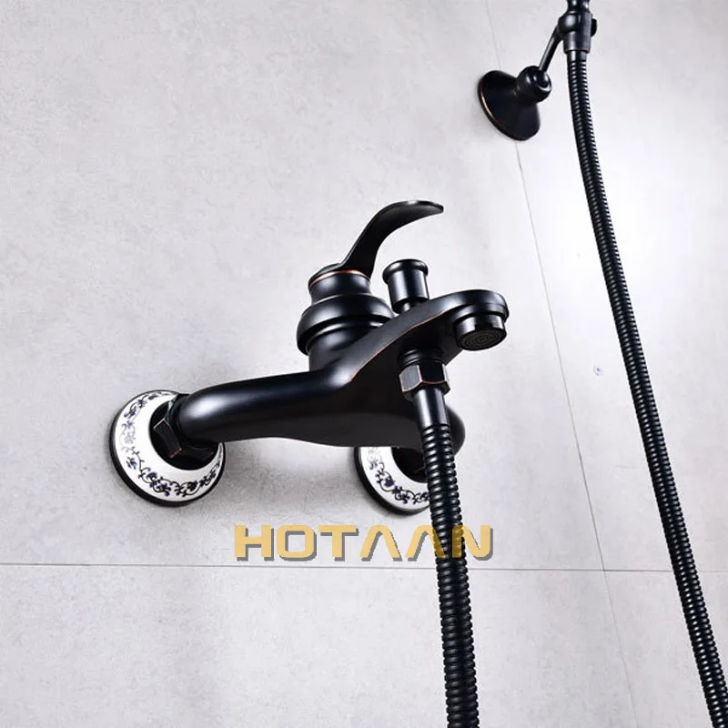 .  Bathroom Bath Tub Wall Mounted Hand Held Antique Brass Shower Head Kit Black Shower Faucet Sets YT-5340H-B