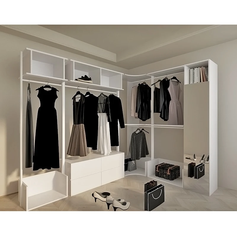 White open wardrobe wrought iron solid wood cloakroom metal shelf hanger floor bedroom combination