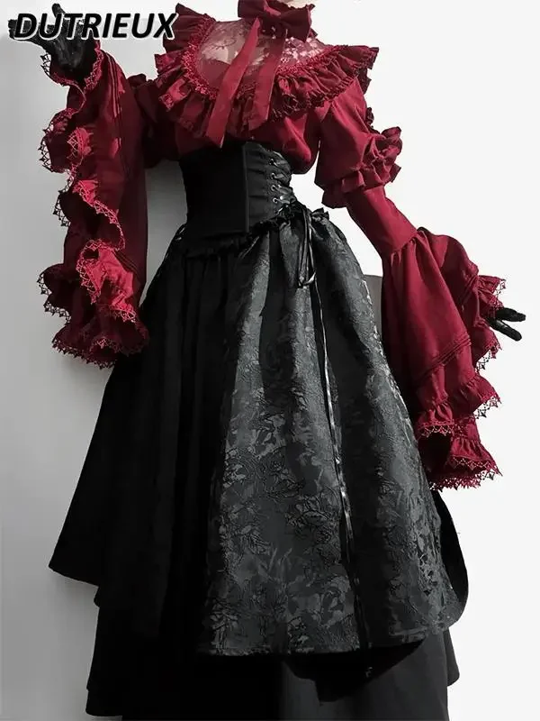 Halloween Costume Gothic Lolita Sweet Outfits High Waist Long Skirt and Long-sleeve Shirt Gorgeous and Elegant Two Piece Set