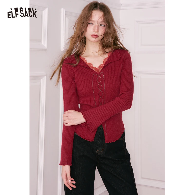 

ELFSACK Y2K Solid Lace Collar Split Hem Flutter Sleeve Tie Knitwear For Women