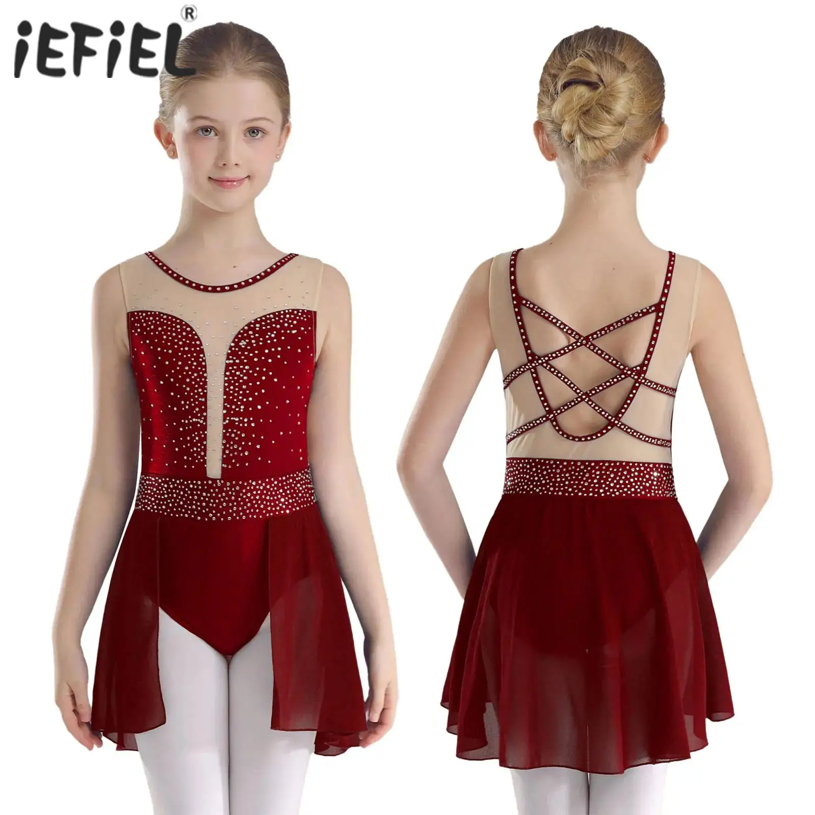 

Kids Girls Ballet Lyrical Gymnastics Dress Dance Performance Competition Costume Sparkly Rhinestones Skirted Leotard Dancewear