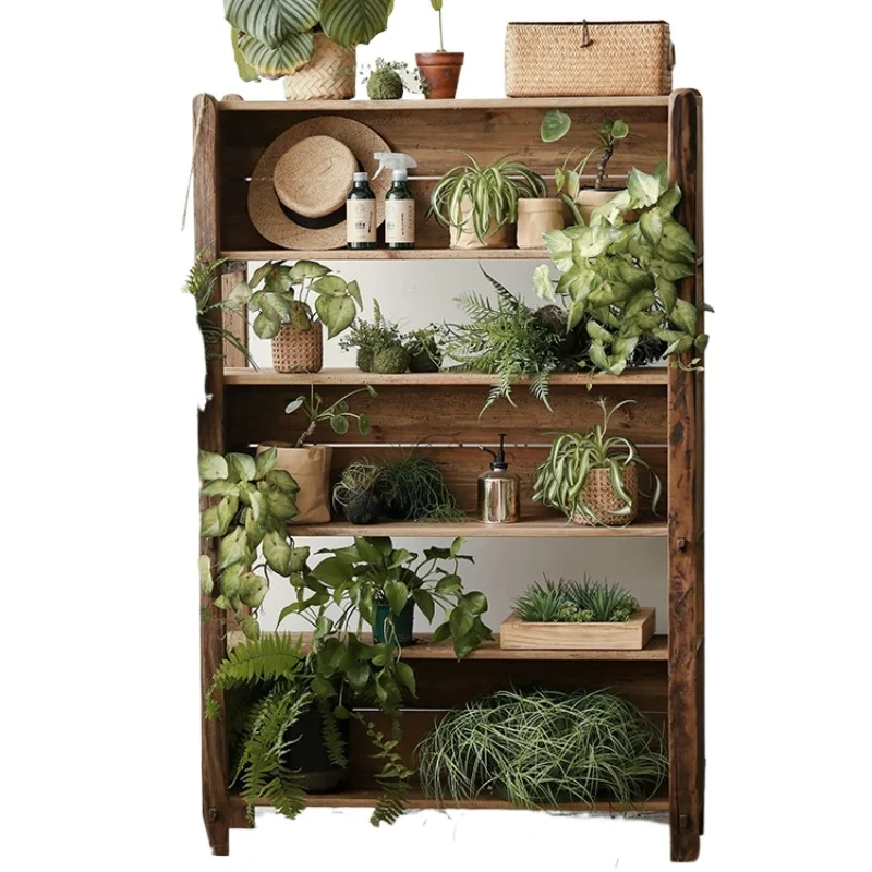 

Old pine three-layer floor-to-ceiling bookcase, living room against the wall, retro wabi-sabi wind B & B solid wood