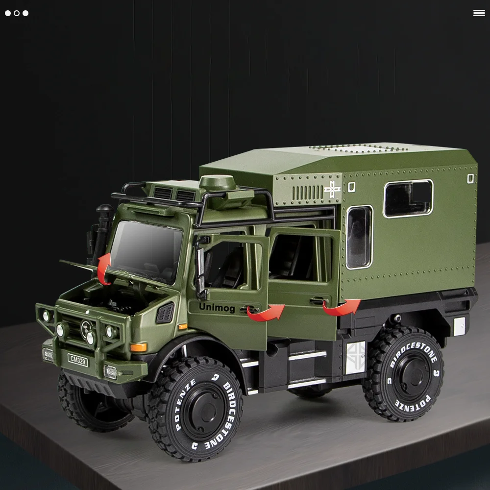 1:28 Unimog U5000 ORV 합금 다이캐스트 자동차 모델, 고무 타이어 풀백 시뮬레이션, 사운드 라이트 금속 차량, 어린이 장난감