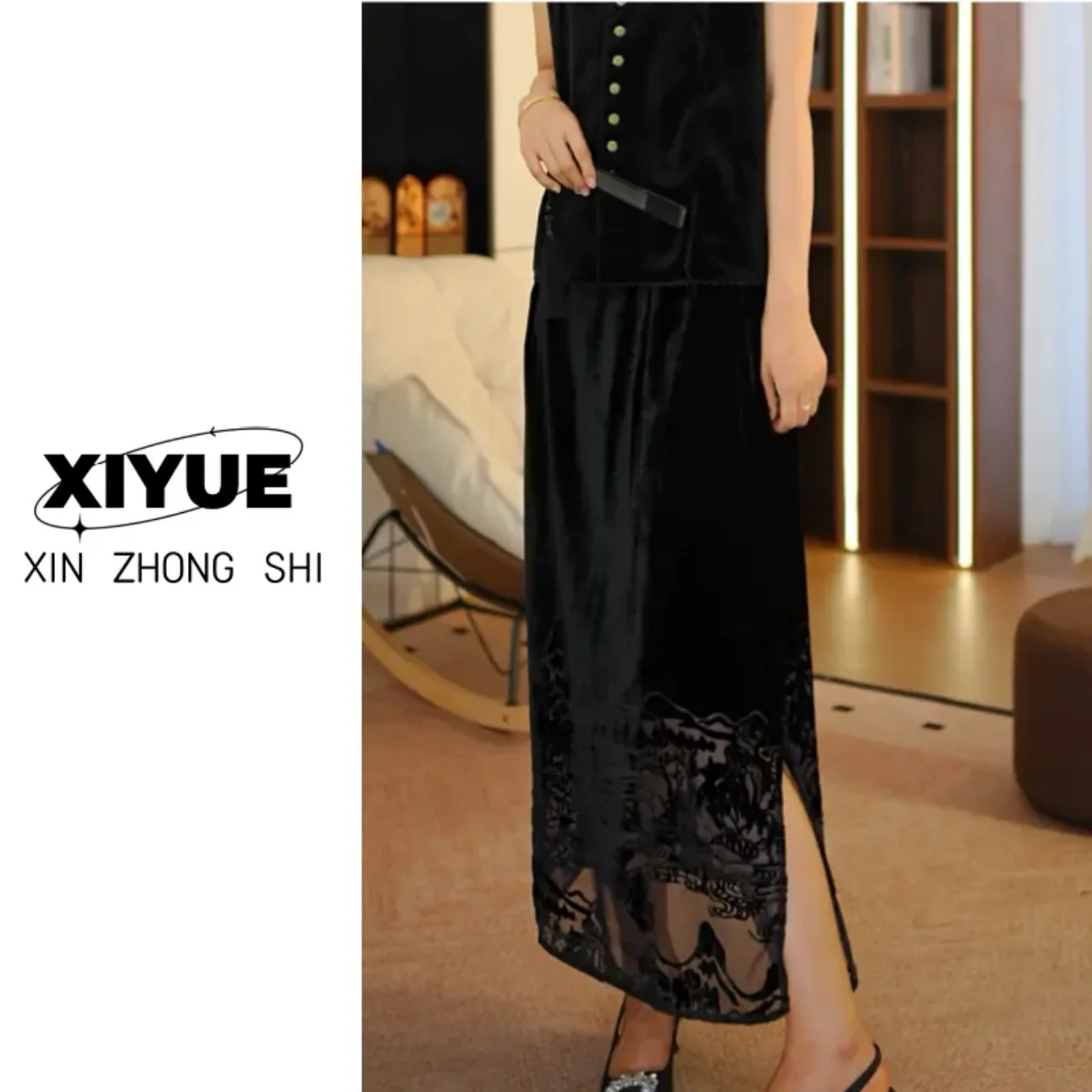 جديد الصينية Sle الفاخرة الرجعية المخملية المحروقة زهرة شبه تنورة المرأة الخريف تصميم جديد تحسس تنحنح منتصف طول تنورة