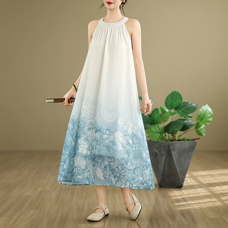 Estate delle nuove donne allentate Dr adient Stampa Svel Abito lungo Ne Design appeso Gonna a trapezio Miscela di cotone Abbigliamento casual