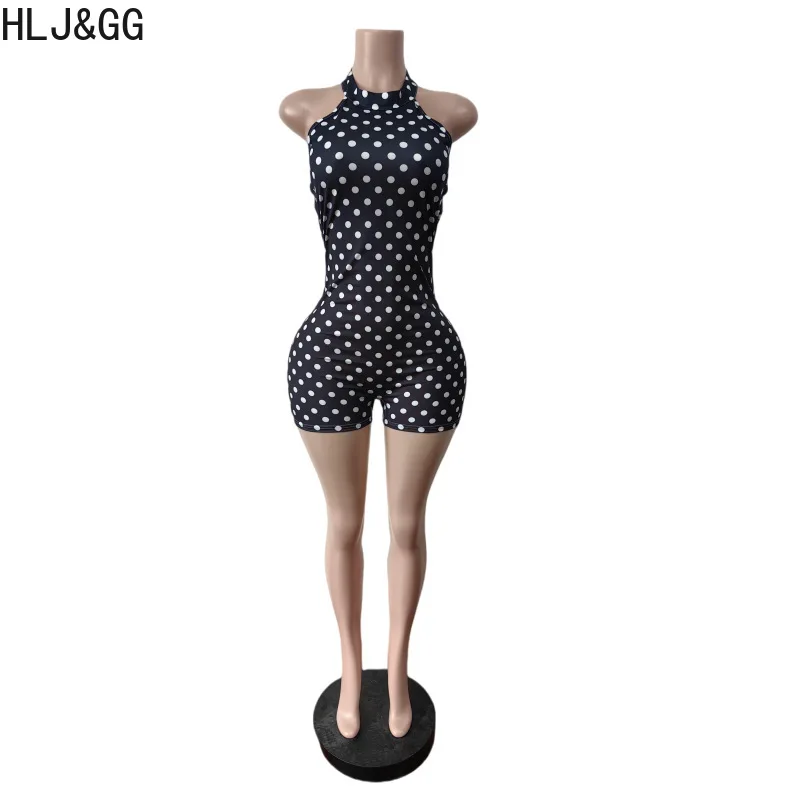 

HLJ&GG Fashion Polka Dot Printing Halter Bodycon One Piece Rompers Women Sleeveless Backless Slim Jumpsuits Sexy Streetwear 2026