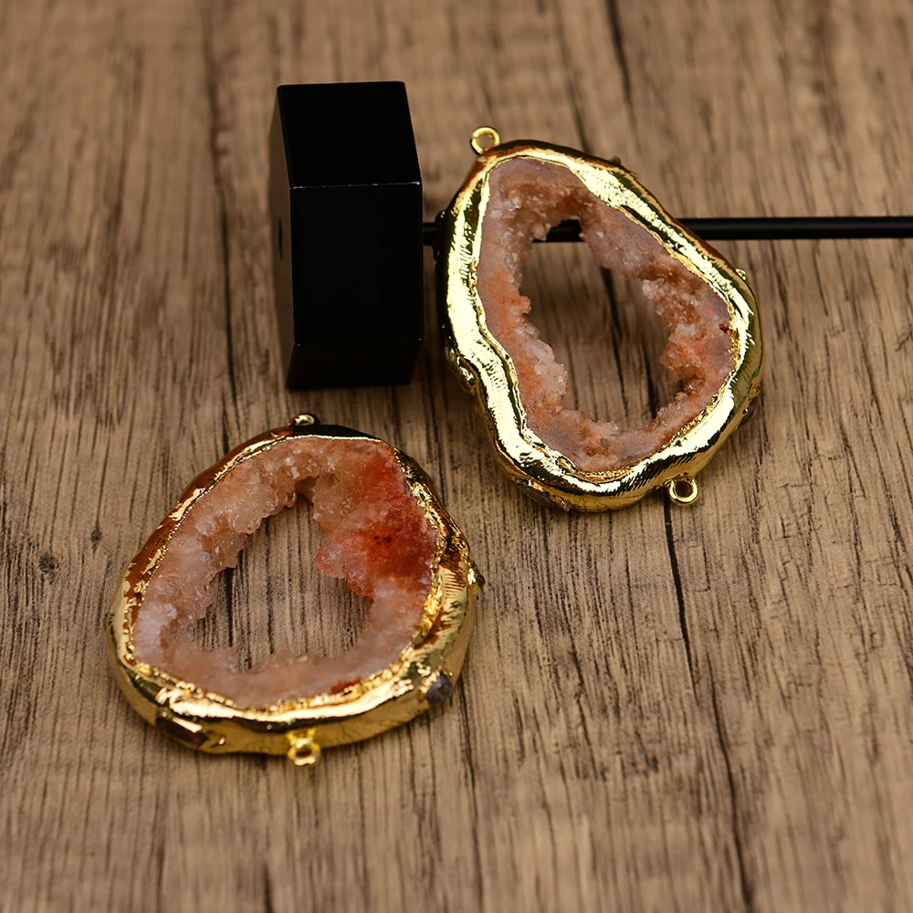 APDGG 5 Pcs Big Natural Yellow Mix Color Agate Slice With Quartz Gold Edge Plated Paved Tourmaline Geode Connector Pendant