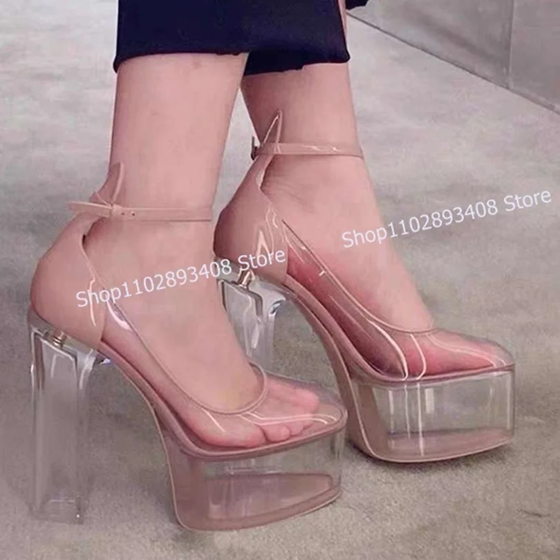 

Transparent High Platform Pumps Solid Pointed Toe Chunky High Heels Buckle Strap Summer Women Shoes Dress Party Zapatillas Mujer