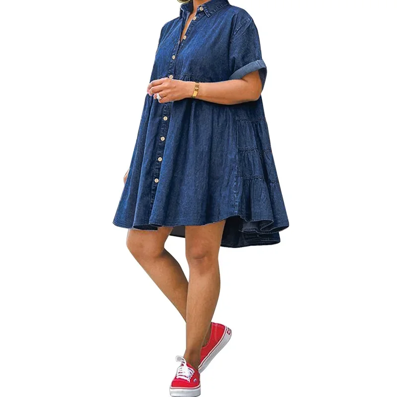 Abito grembiule in denim lavato monopetto taglie forti Donna Estate Nuovi mini abiti larghi con colletto a bavero a maniche corte