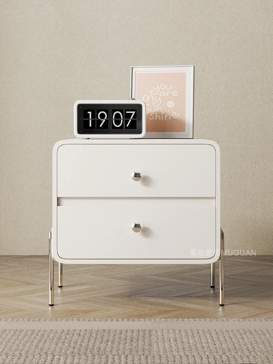 French cream wind bedside table children's simple modern white solid wood leather bedroom Internet celebrity premium