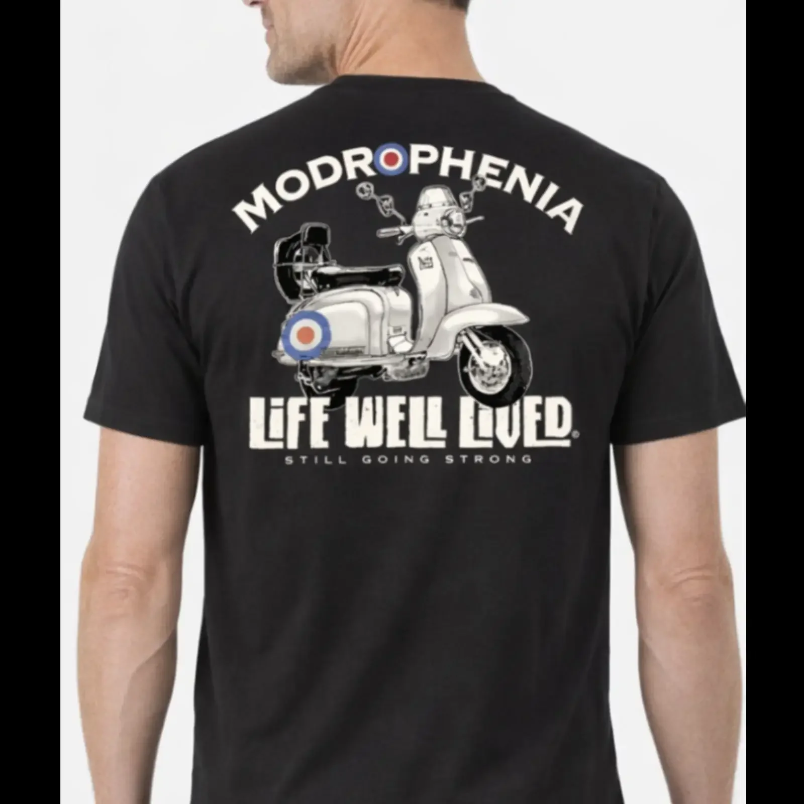 Back view of the black Modrophenia T Shirt showing detailed MOD scooter graphic and Life Well Lived print vintage Washed