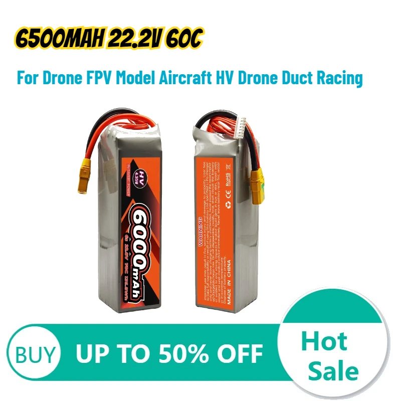 

6500mAh 22.2V 60C High-discharge Li-Po Polymer High-discharge Drone FPV Model Aircraft HV Drone Duct Racing Rechargeable Battery