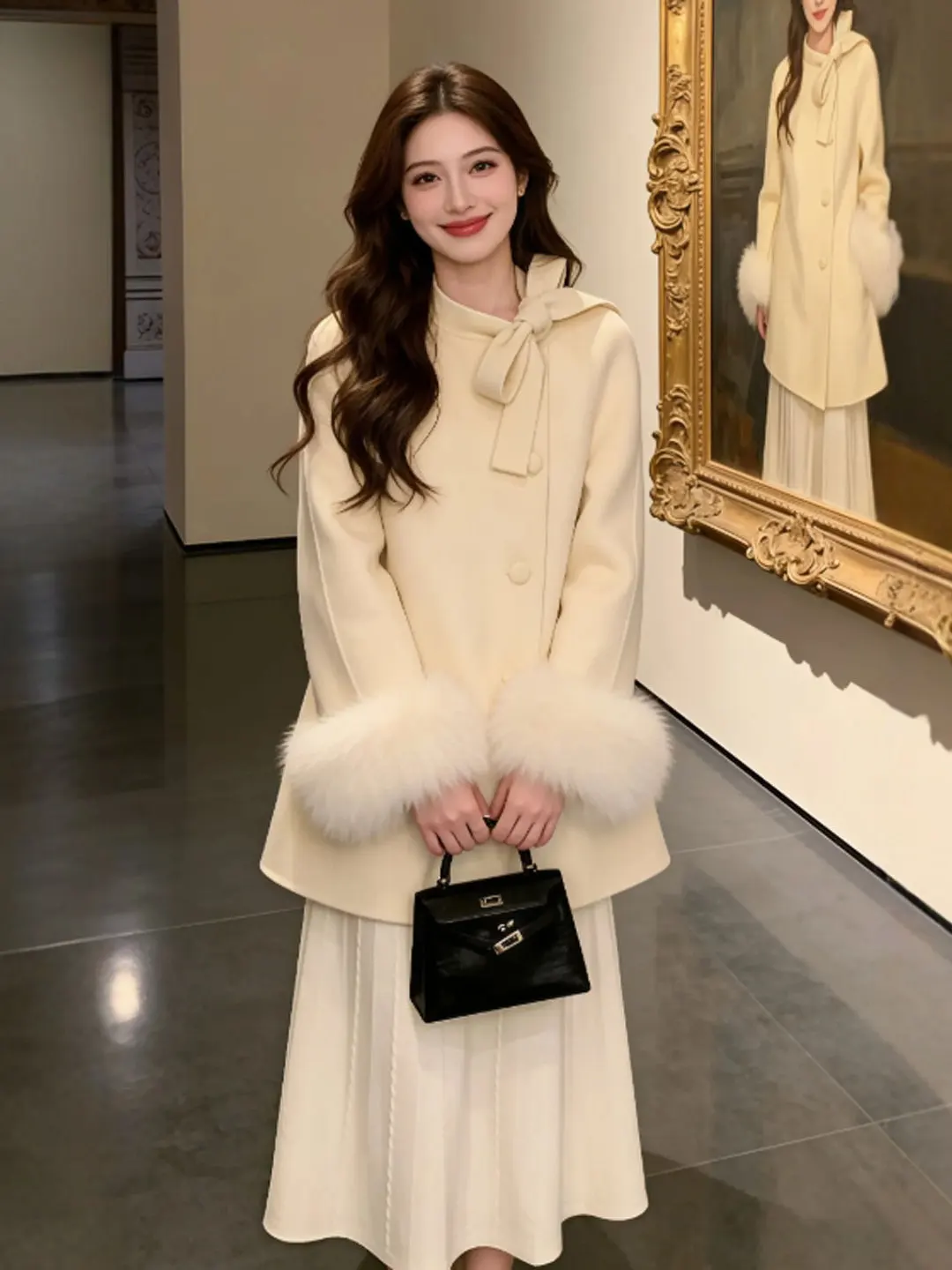 

Ele White Woolen Coat Loose Faionable Gentle Sle Long Sve Women's Outerwear for Winter Travel Casual Home Use