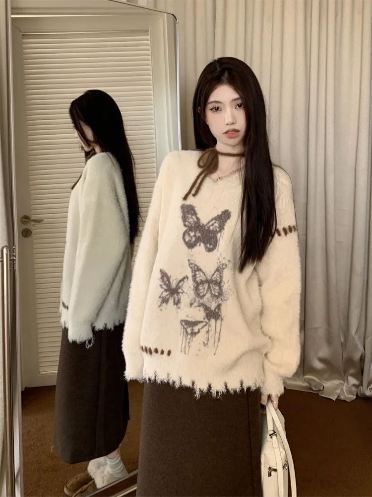 

Women Apricot Gothic Mohair Pullover Knitted Sweater Harajuku Y2k Long Sleeves Sweater Jumper Vintage 2000s Aesthetic Clothes