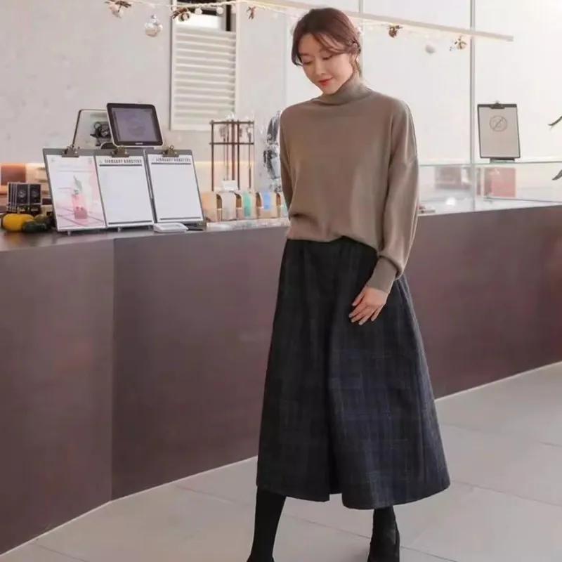 Checkered Woolen Wide Leg Pants For Women, 2024 Autumn And Winter New High Waisted Loose Fit Woolen Pants