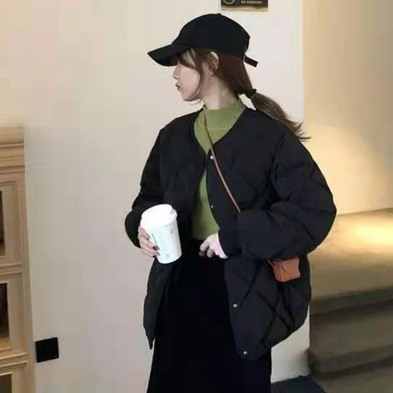 Women Autumn Winter Padded Jacket Thin Short Solid Color Rhombus Cotton Coat Korean Fashion Keep Warm Bread Coat Loose Plus Size