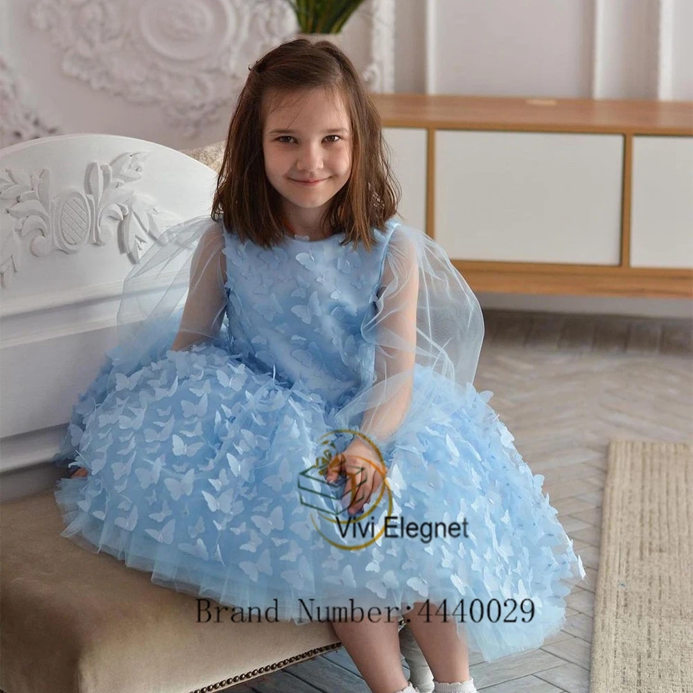 Elegant Sky Blue Flower Girl Dresses with Soft Tulle 2023 Full Sleeve Wedding Party Gowns Scoop Knee Length فساتين للحفلات الراق