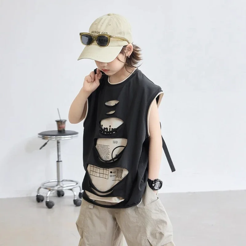 

2025 New Children's Summer Sleeveless Cotton Breathable Street Style Hollow out Vintage T-shirt