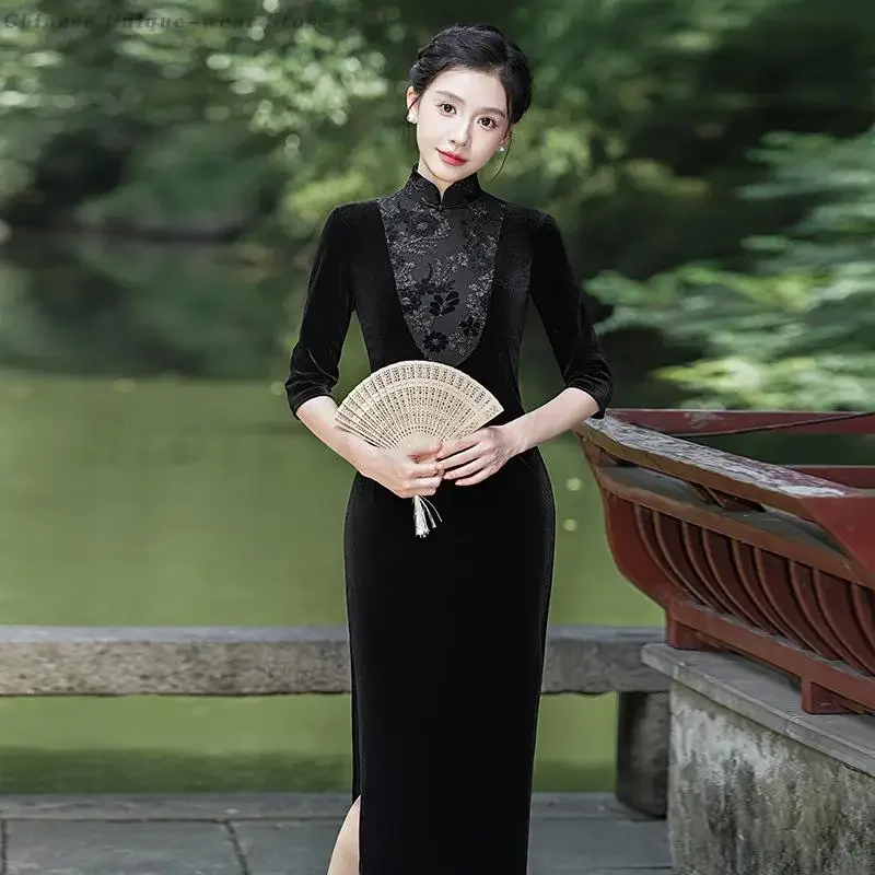 Autumn Winter Velvet Dress Elegant Temperament Evening Party Long Qipao Oriental Improved Cheongsam Chinese Traditional Clothes