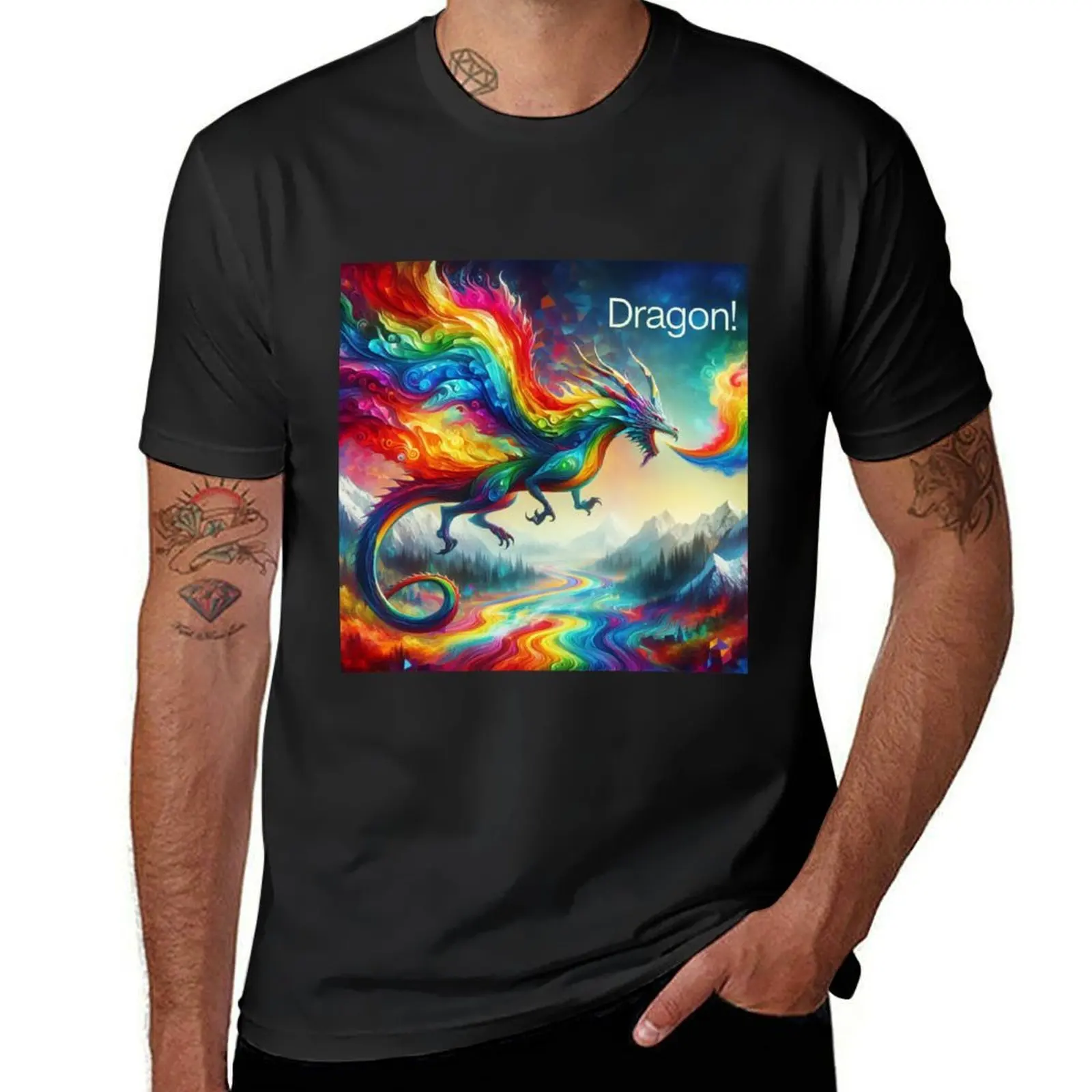 Rainbow-colored dragon breathing flames in an abstract landscape T-Shirt Short sleeve tee cute tops mens t shirts casual stylish