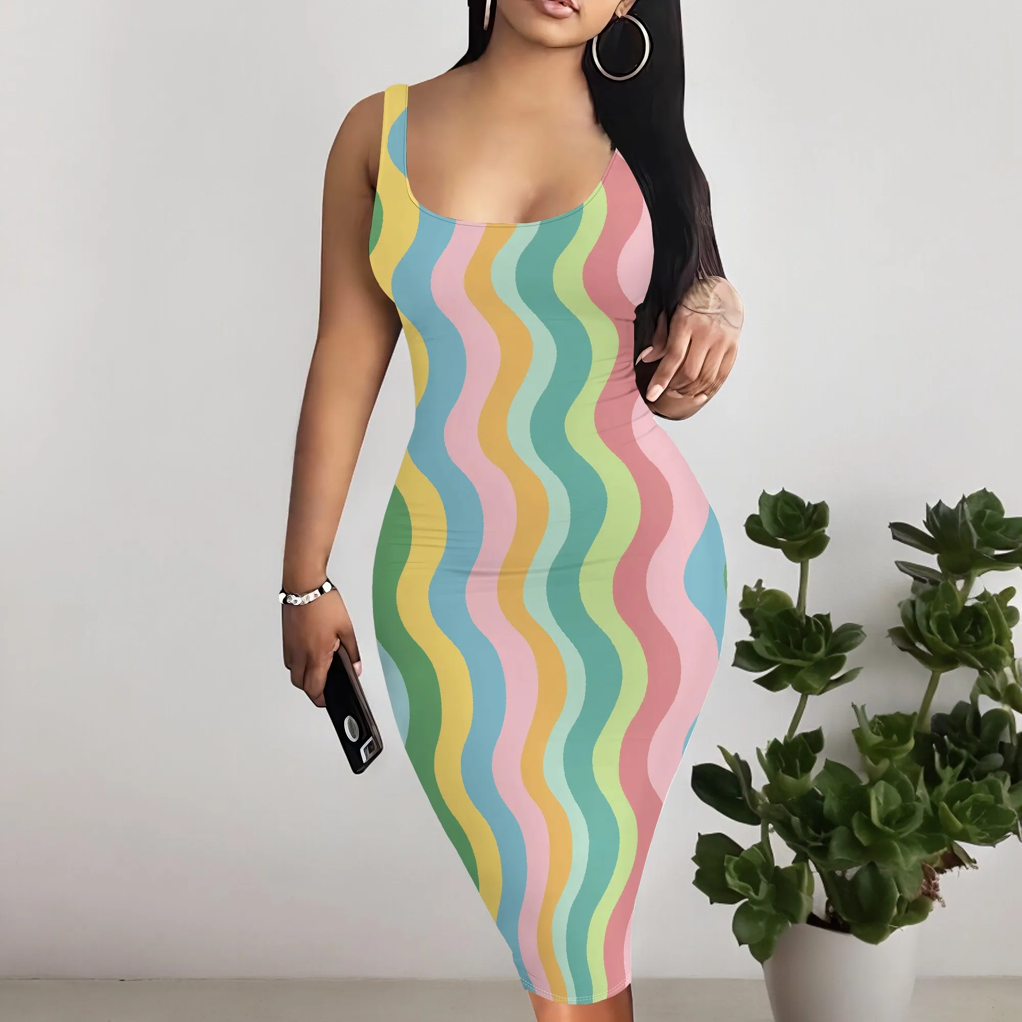 المرأة الصيف Bodycon فستان التعادل صبغ شريط مطبوعة تانك سليم نادي الحفلات عطلة ليلة خارج قلم رصاص فساتين فستان الشمس