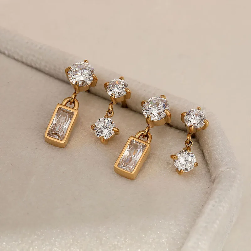 أقراط دائرية مربعة الشكل من حجر تشيكوسلوفاكيا للنساء أقراط لطيفة صغيرة أنيقة هندسية بسيطة من الفولاذ المقاوم للصدأ