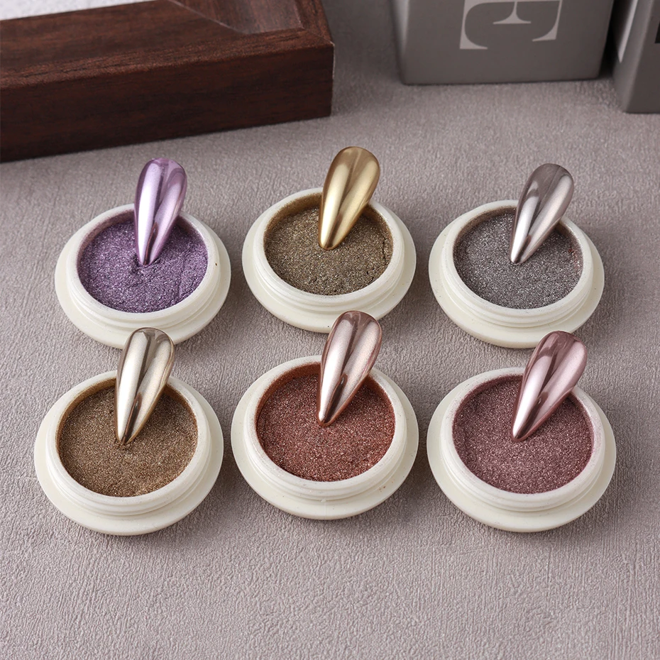 6 uds. De polvo cromado para uñas, oro brillante, oro rosa, cobre antiguo, brillo para frotar, pigmento, escamas, polvo cromado metálico para uñas