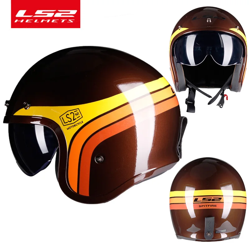 LS2-casco de moto de cara abierta, cascos retro vintage con botón de visera, spitfire 3/4, OF599