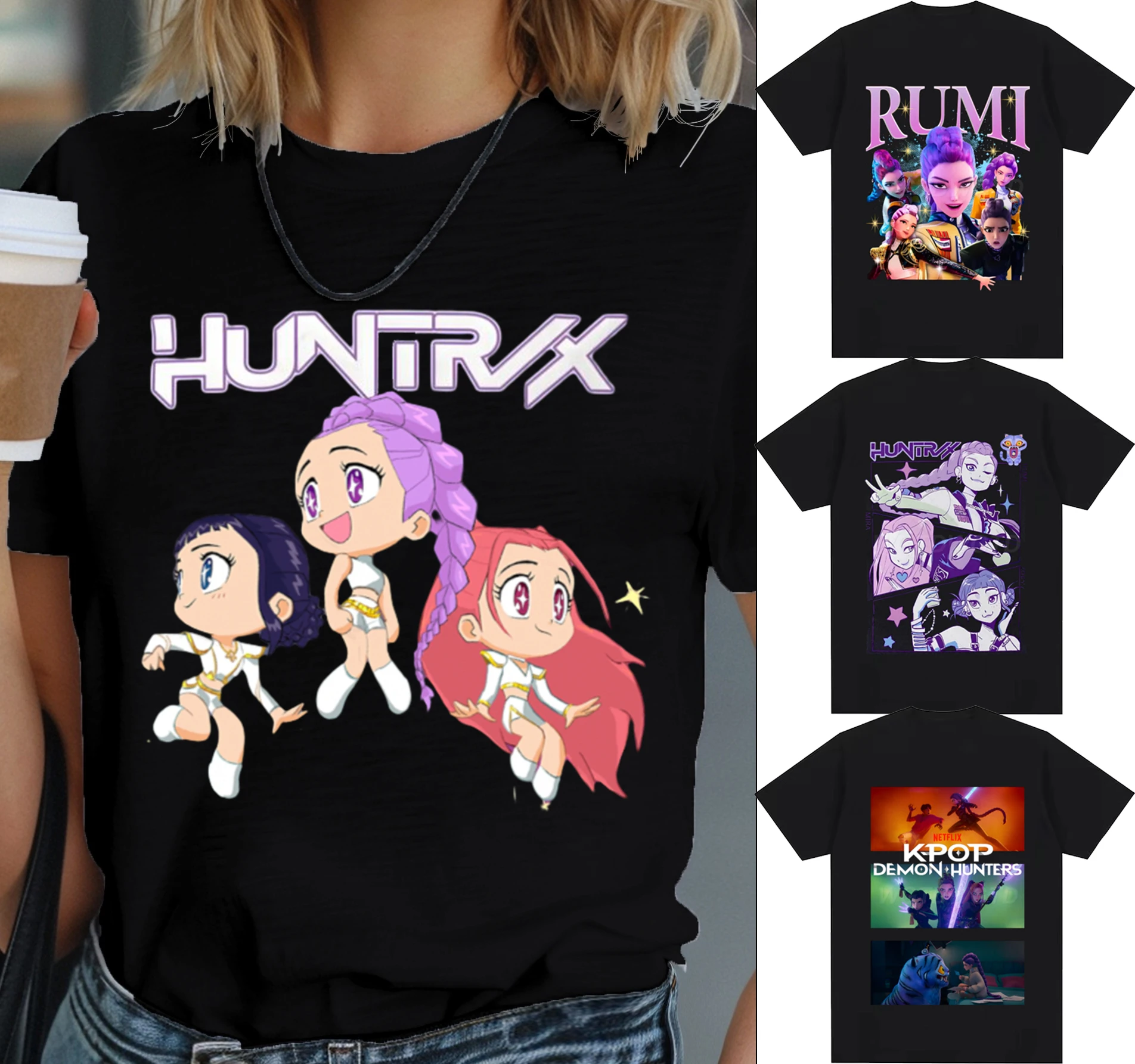 

Футболка KPop Demon Hunters, мужские летние чисто черные топы с короткими рукавами, женская одежда, футболка унисекс с графическим рисунком, модная уличная одежда