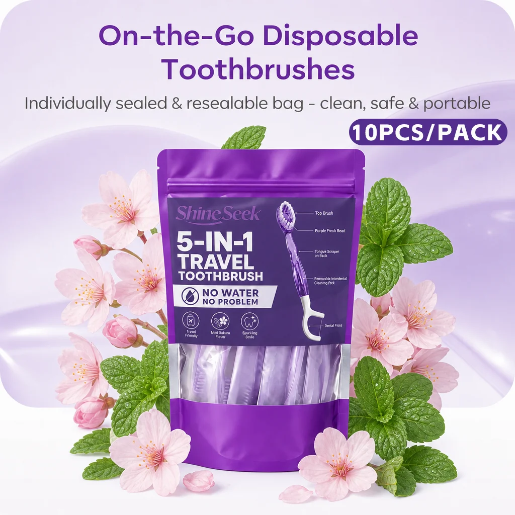 Newly Upgraded Purple 10-Piece Portable Set, 5-in-1 Multifunctional Toothbrush Care Set with Mint Cherry Blossom Flavor, Includes Purple Freshener Beads + Toothbrush + Dental Floss + Interdental Cleaning Stick + Tongue Scraper, Convenient and Soft, Soft Bristle Design, Teeth and Gum Care |   Travel Essentials |   Individually Packaged |   Soft |   Sakura Mint Flavor |   Travel Toothbrushes Are the Best Choice for Smart Families!