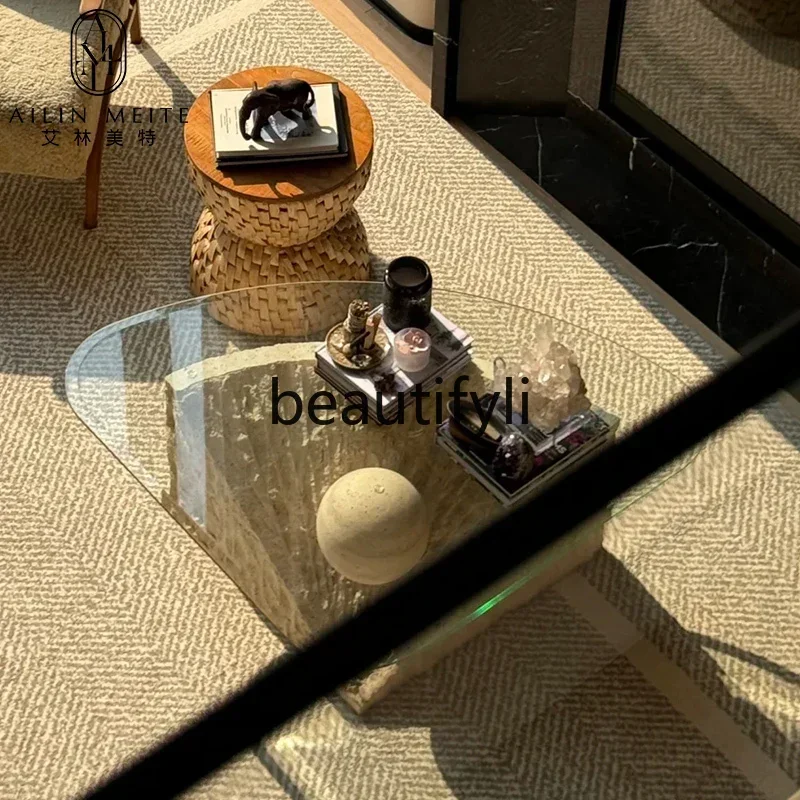 

11841Q Q Italian light luxury Roman cave stone coffee table living room glass design creative special-shaped coffee table