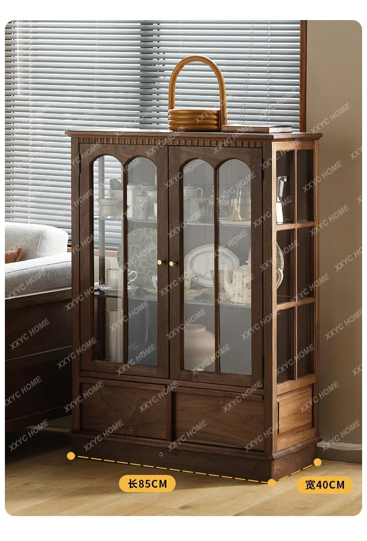 VHBlack walnut display cabinet retro style solid wood log wine cabinet with lamp side cabinet