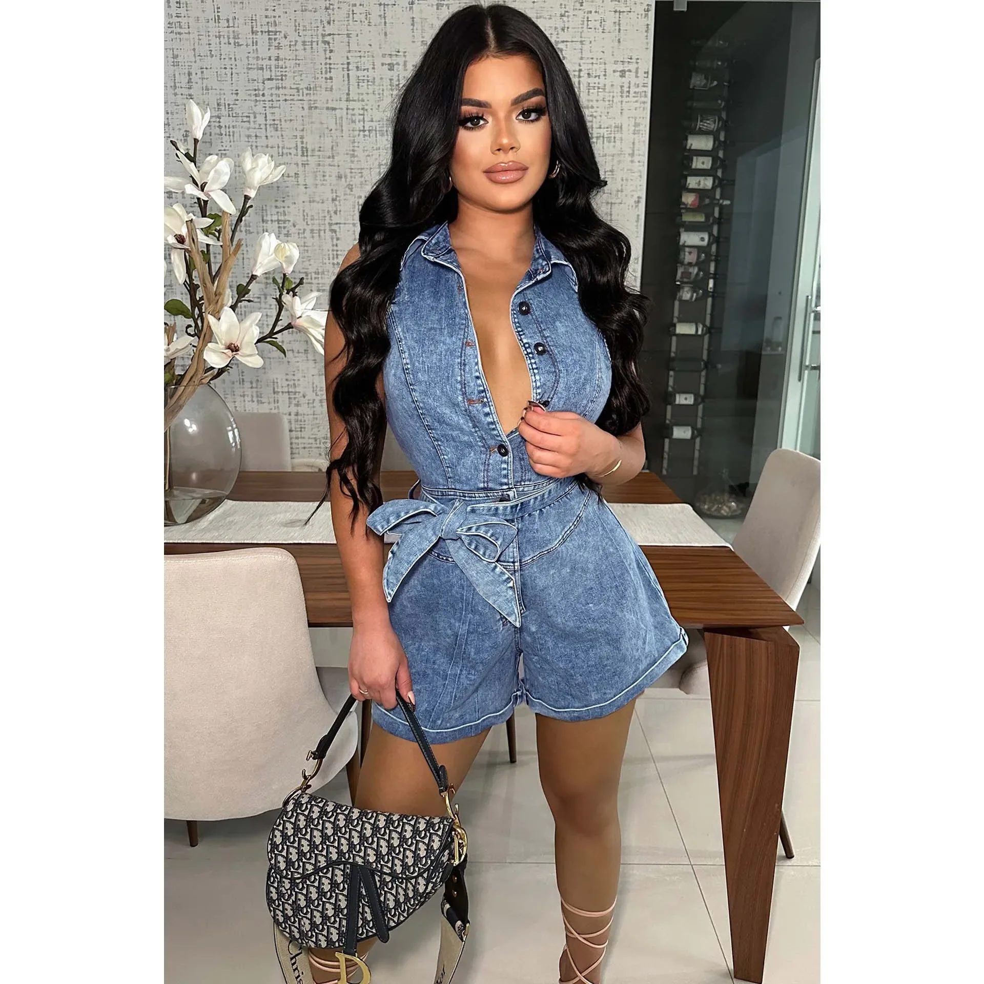 Jumpsuit Y2K Streetwear musim panas Denim seksi 2024 Bodysuit wanita Playsuit elegan Bodycon satu bagian saku Romper kargo Jumpsuit