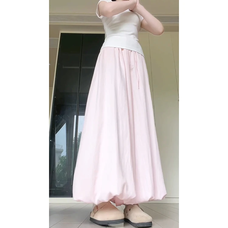 กางเกงขายาวเอวสูงทรงขาบานสีชมพูฟูฟ่องสำหรับผู้หญิง สไตล์ลำลองใส่สบายช่วงฤดูร้อน ช่วยให้ดูผอมลง