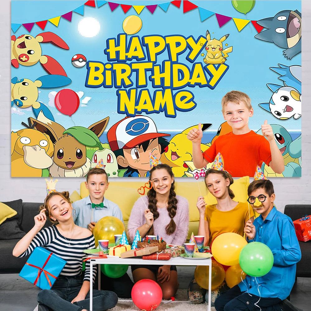 Custom Name Party Pokemon Backdrop Decoration Pikachu Theme Birthday Background for Kids Boy Baby Shower Anime  Banner Poster