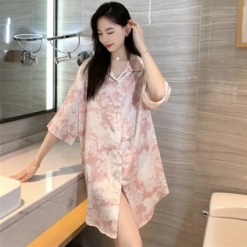 

Пикантная ночная рубашка, женский кардиган, юбка средней длины, домашняя одежда для студентов, свободные ночные рубашки с лацканами, можно носить на улице, женские ночные рубашки Plus