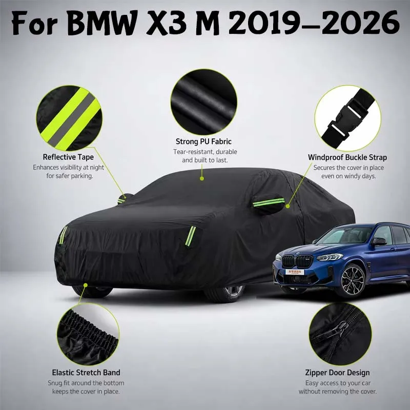 Waterproof Full Car Cover Side Door Zipper Reflective Strips Windproof Buckle All-Weather Protection For BMW X3 M 2019-2026