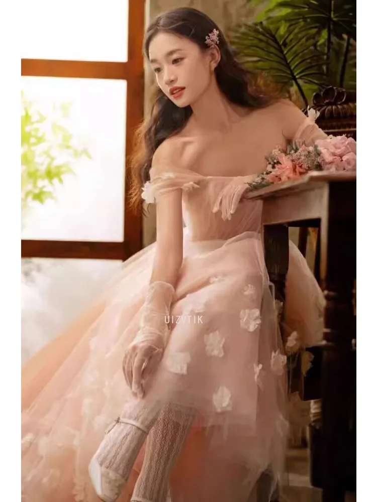 Rosa Brautkleider mit Applikationen 2025, schulterfrei, knöchellang, Abendpartykleid, maßgeschneidertes Abschlussballkleid für formelle Anlässe