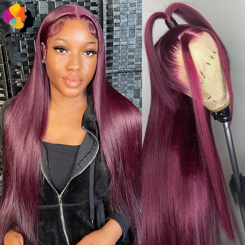 13x6 Dark Burgundy Human Hair Lace Frontal Wig Straight Hair Dark Red Colored Lace Front Wigs Pre-plucked Transparent Lace Remy