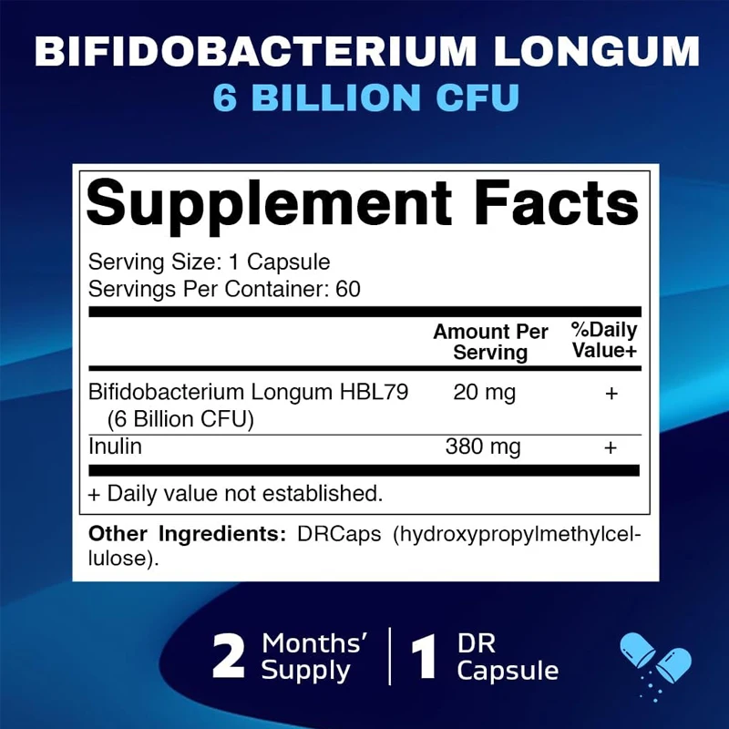 Vitamin Bifidobacterium Longum 6 billion CFU per DR capsule - promotes intestinal health - made from prebiotic inulin fiber